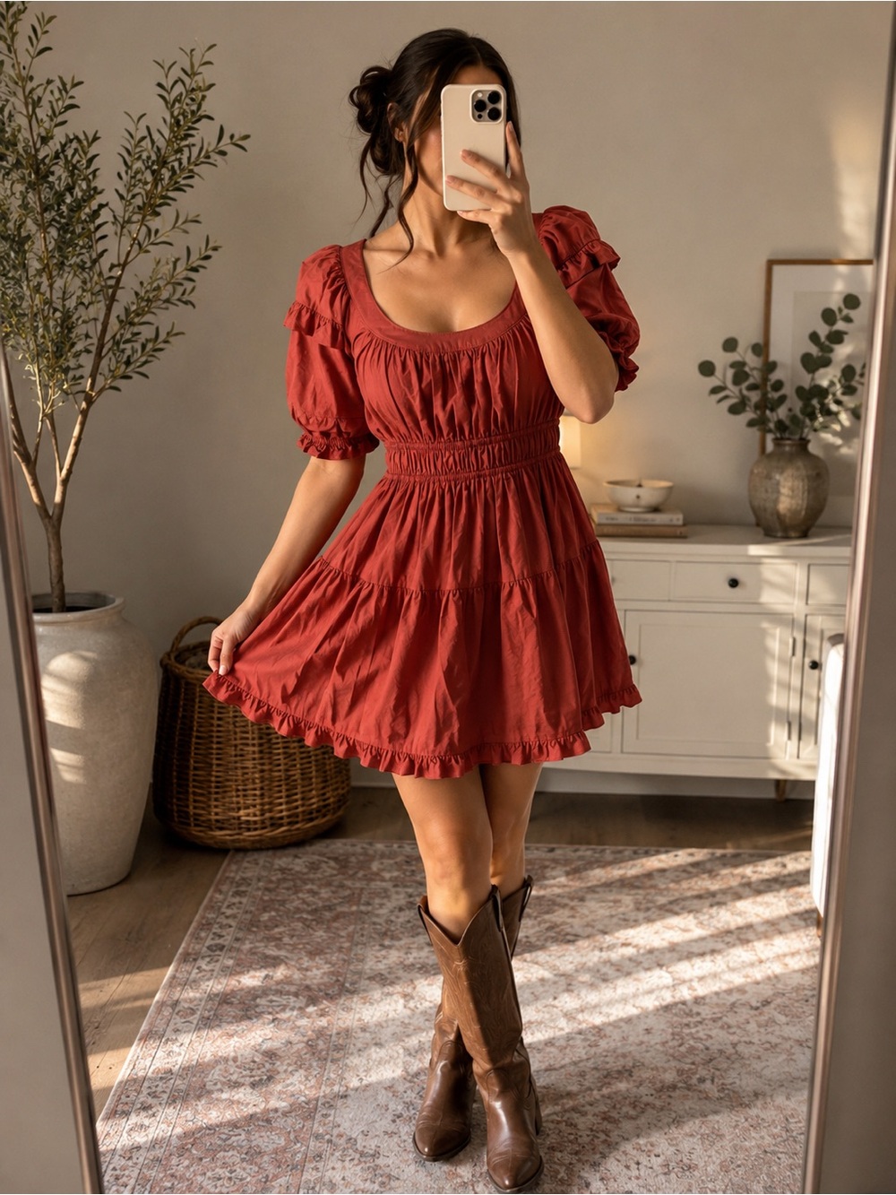 En Saison Rust Cotton Puff Sleeve Cottagecore Mini Dress Size Small